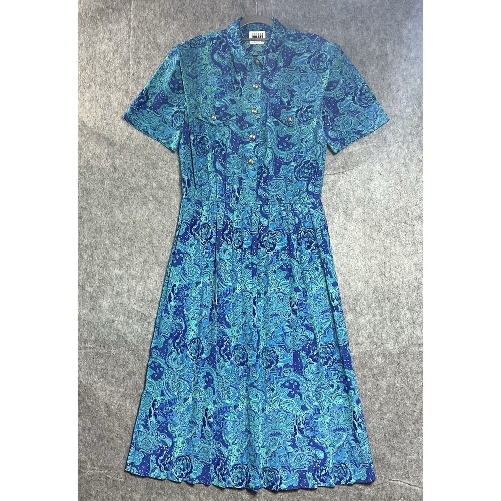 Vintage Leslie Fay Dress Womens 14 Blue Geometric Maxi Office Church Retro 90s